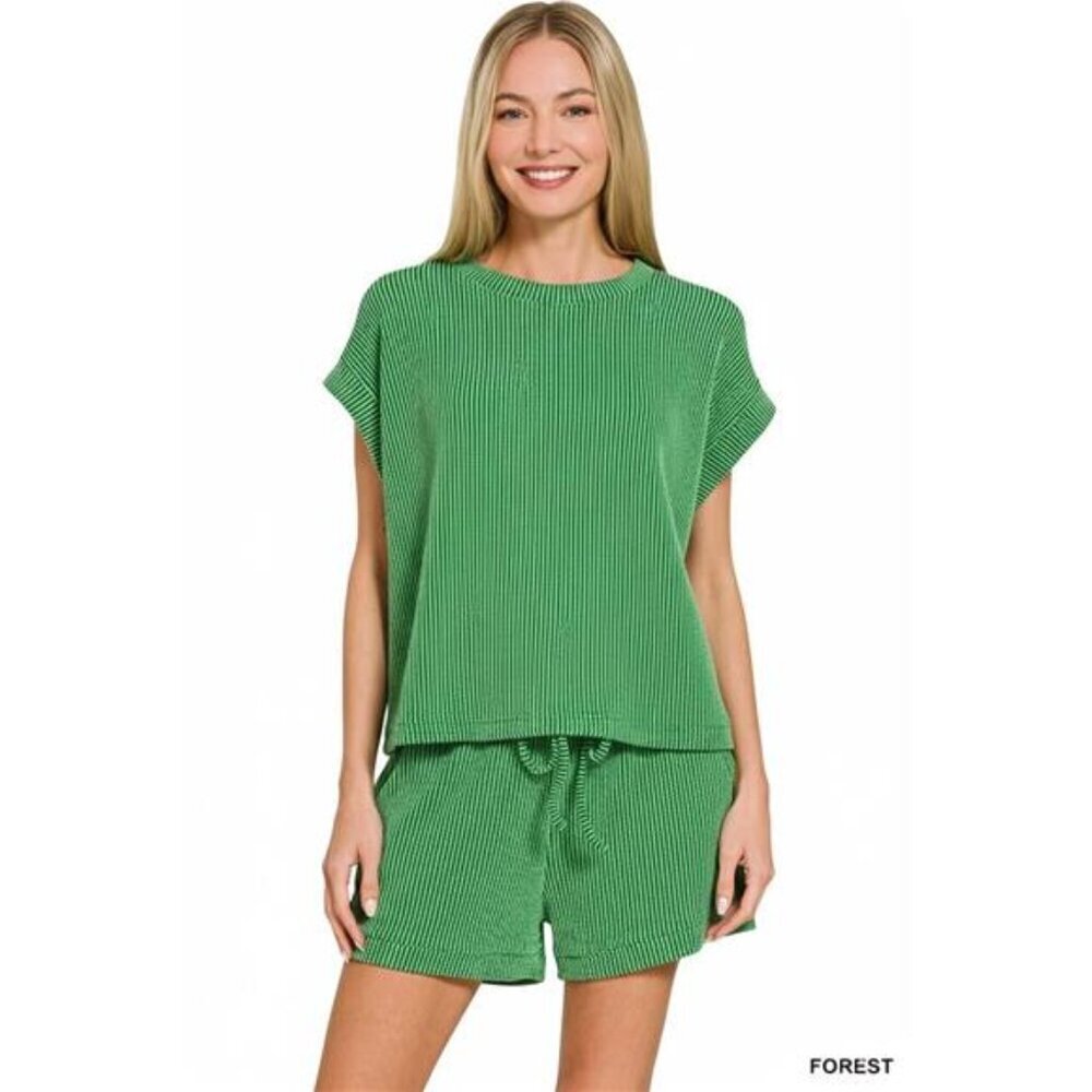 Zenana Raised Rib Cap Sleeve Top & Shorts Set